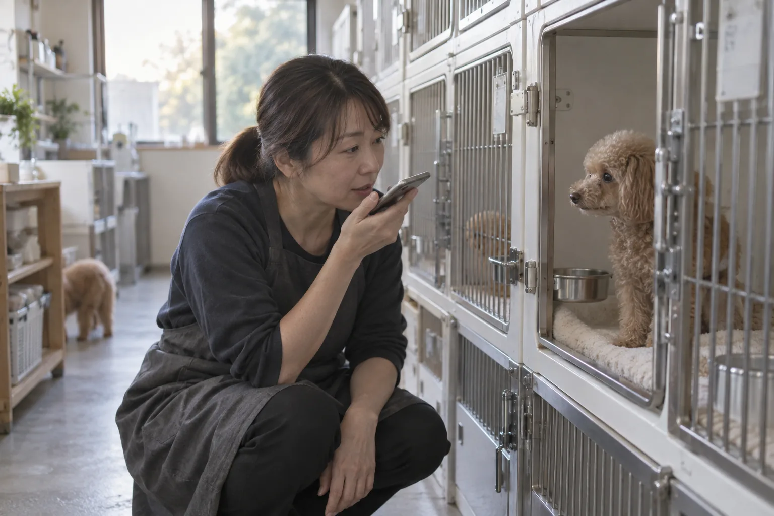 朝の光が差す犬舎で、ケージの前にしゃがんでスマートフォンに話しかける女性と、ケージの中のトイ・プードル